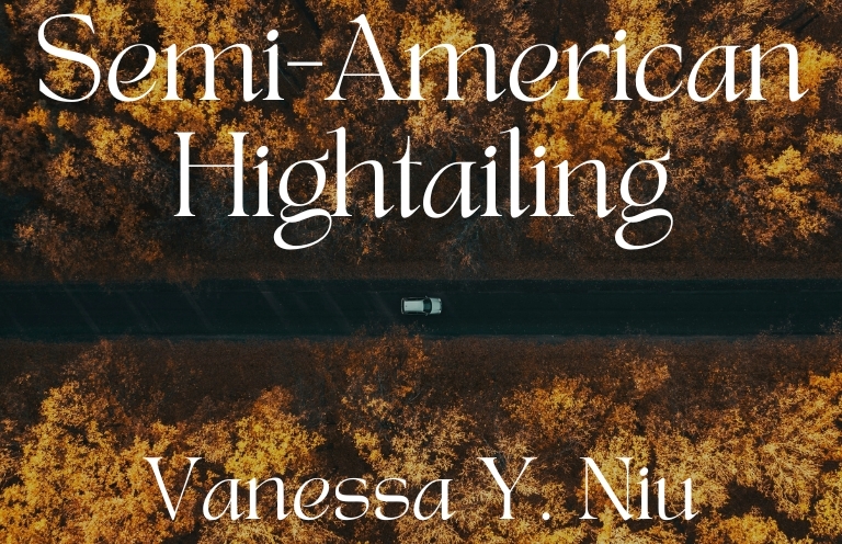 car driving on long road surrounded by yellow trees on either side. Text overlayed stating the title of poem and author's name: semi-american hightailing by Vanessa Y. Niu